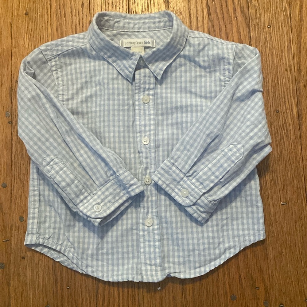 Pottery Barn Kids Boys Long Sleeve Button Down Shirt Light Blue Checks 12-18 M